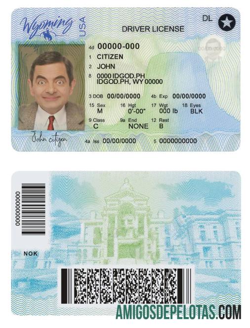 Carteira de motorista do estado de Wyoming nos EUA (2020 - presente) exemplo